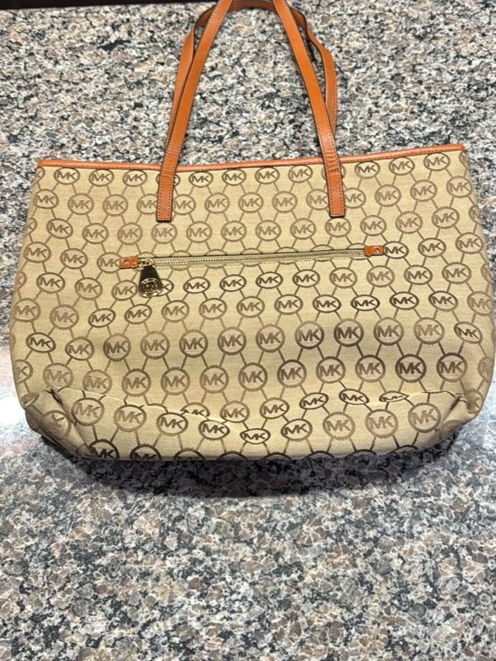 Michael Kors Beige Signature Tote with Tan Leather Handles
